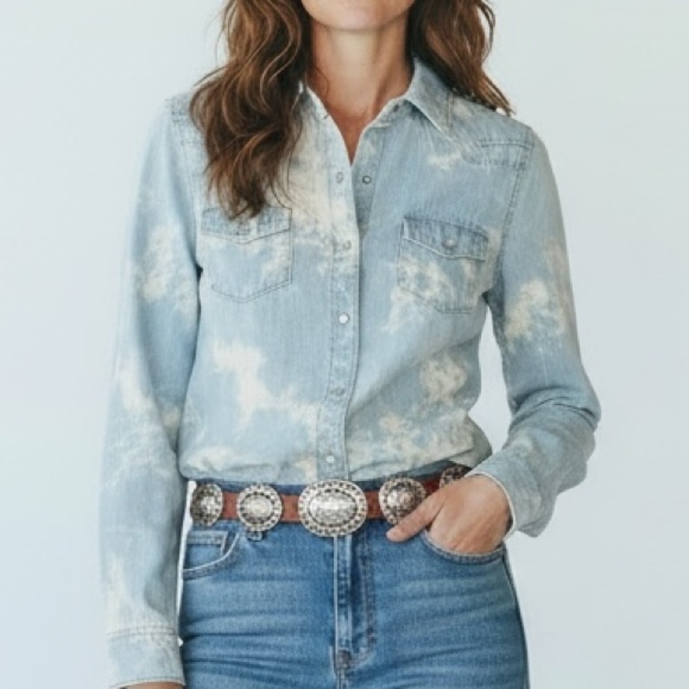 Tie dye jean shirt button up light blue denim cream pearl snap shirt western